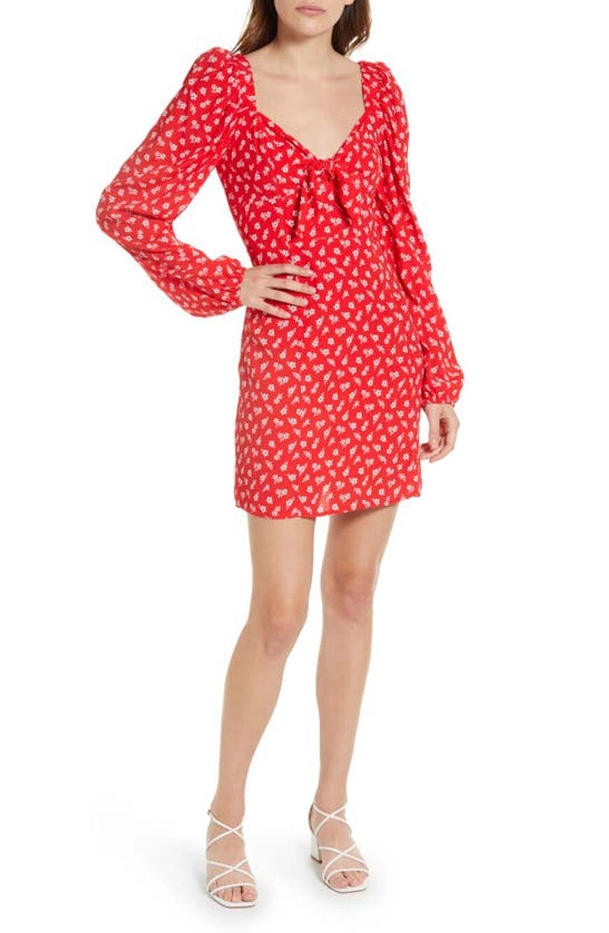 & Other Stories Red Floral Bow Long Sleeve Dress Size 2 Tiny Flower Print